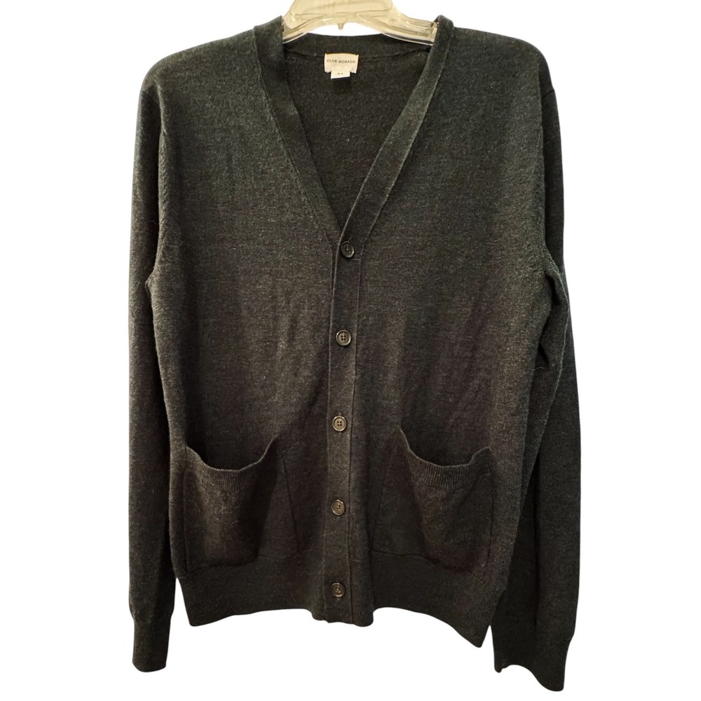 Club Monaco Mens Gray 100% Wool V-Neck Button Front Cardigan Sweater Size M